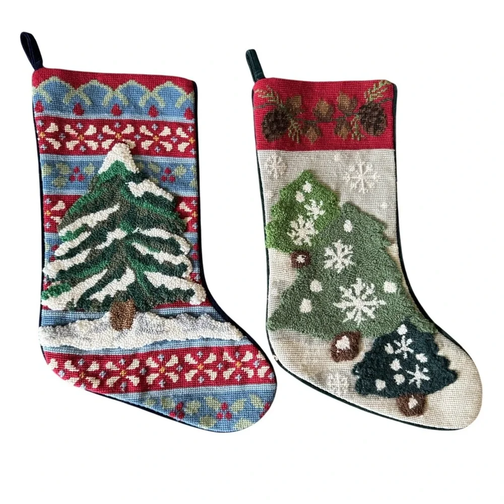 Vintage Needlepoint Christmas Tree Wool Stockings Rustic Cabin Lodge Velvet Back
